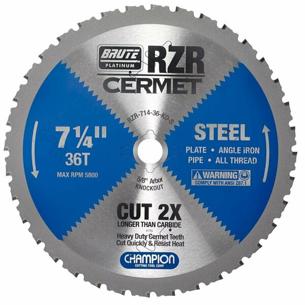 Brute Platinum 7-1/4in Brute RZR Cermet Tipped Circular Saw Blades for Steel, 36 Teeth, 5/8in KO Arbor CHA RZR-714-36-KO-S
